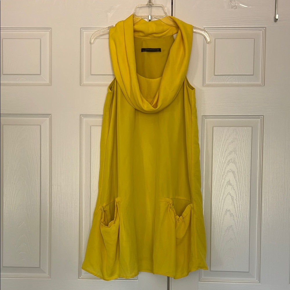 Zara Bright Yellow Sleeveless Cowl Draped Neckline Fully Lined Flowy Sundress